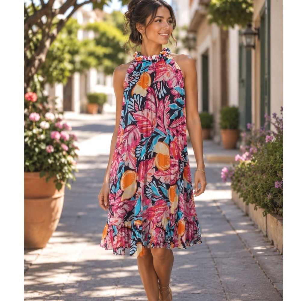 CROWN & IVY tropical Floral Pleated Halter‎ Mini Dress Pink Orange  Ruffle MED